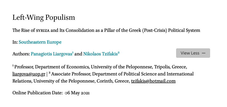 New Article by Dr. Nikolaos Tzifakis: “Left-Wing Populism: The Rise of Syriza and its Consolidation as a Pillar of the Greek (Post-Crisis) Political System”,