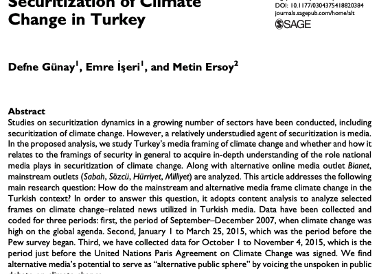 New article co-authored by Emre İşeri “Alternative Media and the Securitization of Climate Change in Turkey”