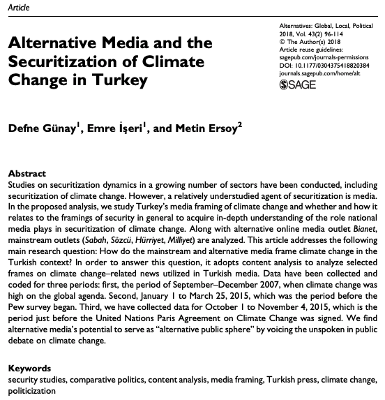 New article co-authored by Emre İşeri “Alternative Media and the Securitization of Climate Change in Turkey”