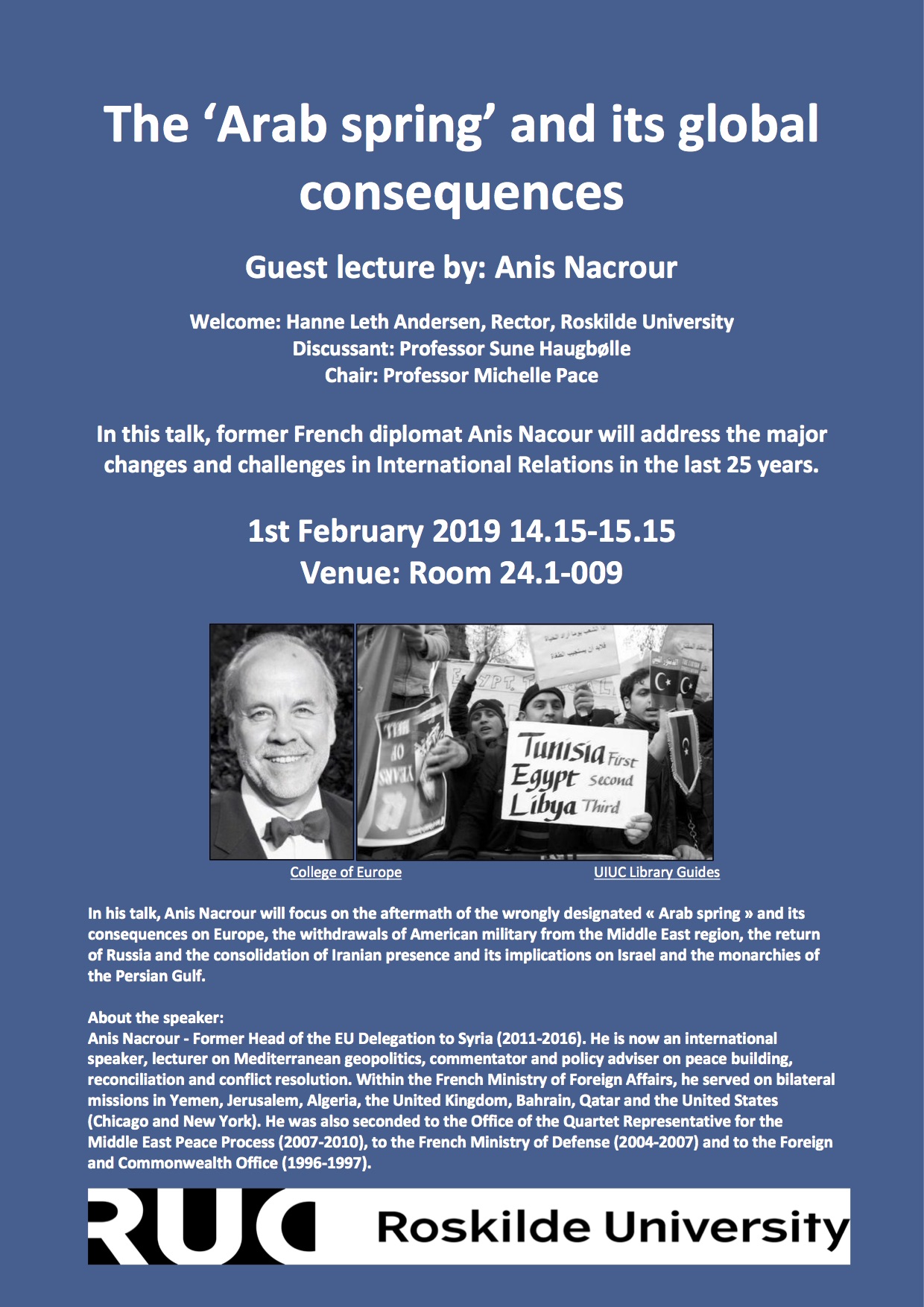 Guest lecture: Anis Nacrour “The ‘Arab Spring’ and its Global Consequences” – Roskilde, 1 February 2019