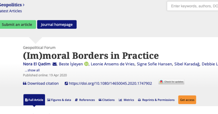 New article by Dr Beste I?sleyen entitled “​(Im)moral Borders in Practice​”, published in ​Geopolitics.