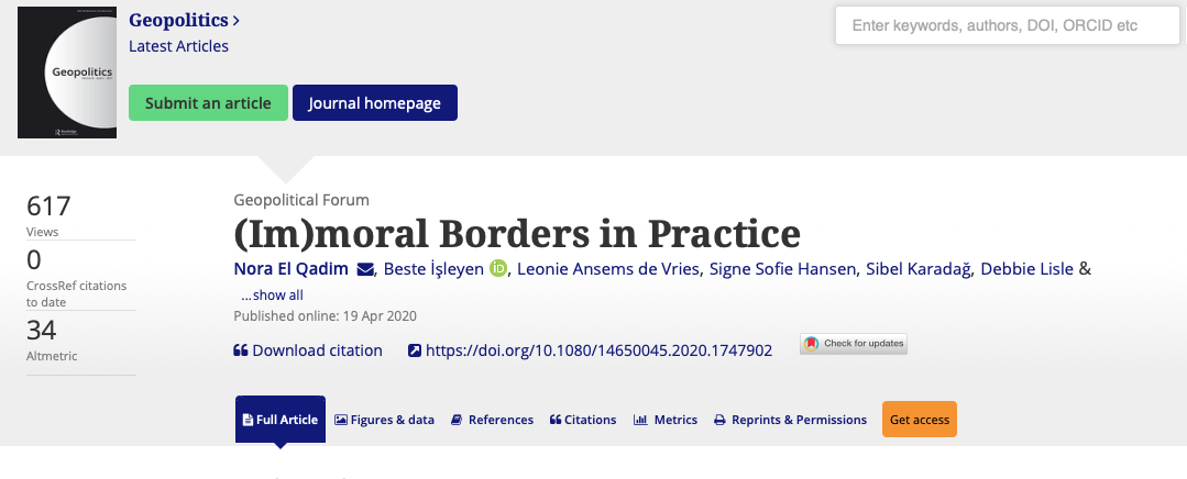 New article by Dr Beste I􏰀sleyen entitled “​(Im)moral Borders in Practice​”, published in ​Geopolitics.
