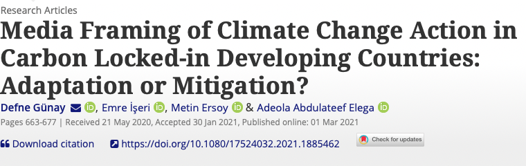 New Publication by Emre İşeri “Media Framing of Climate Change Action in Carbon Locked-in Developing Countries: Adaptation or Mitigation?”