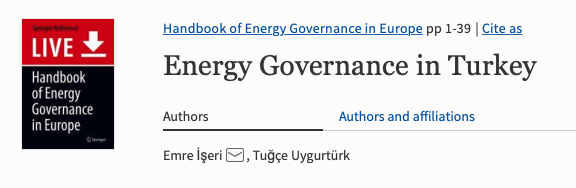 New Book Chapter by Prof. İşeri E., Uygurtürk T. (2021). “Energy Governance in Turkey”.