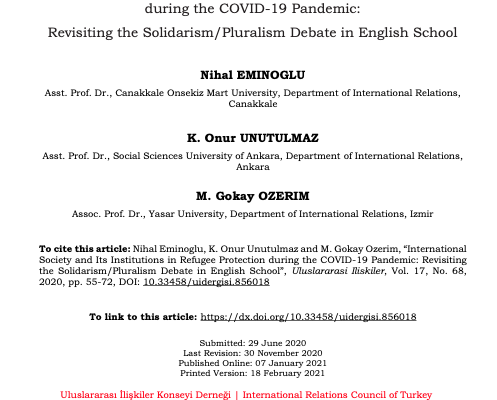 New article by Dr Gökay Özerim, International Society and Its Institutions in Refugee Protection during the COVID-19 Pandemic: Revisiting the Solidarism/Pluralism Debate in English School