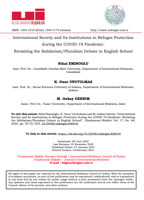New article by Dr Gökay Özerim, International Society and Its Institutions in Refugee Protection during the COVID-19 Pandemic: Revisiting the Solidarism/Pluralism Debate in English School