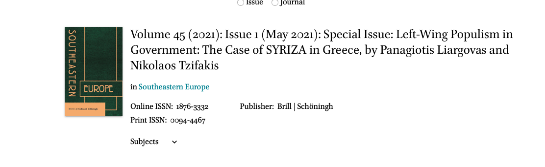Dr. Nikolaos Tzifakis published an article “Special Issue: Left-Wing Populism in Government: The case of Syriza in Greece”